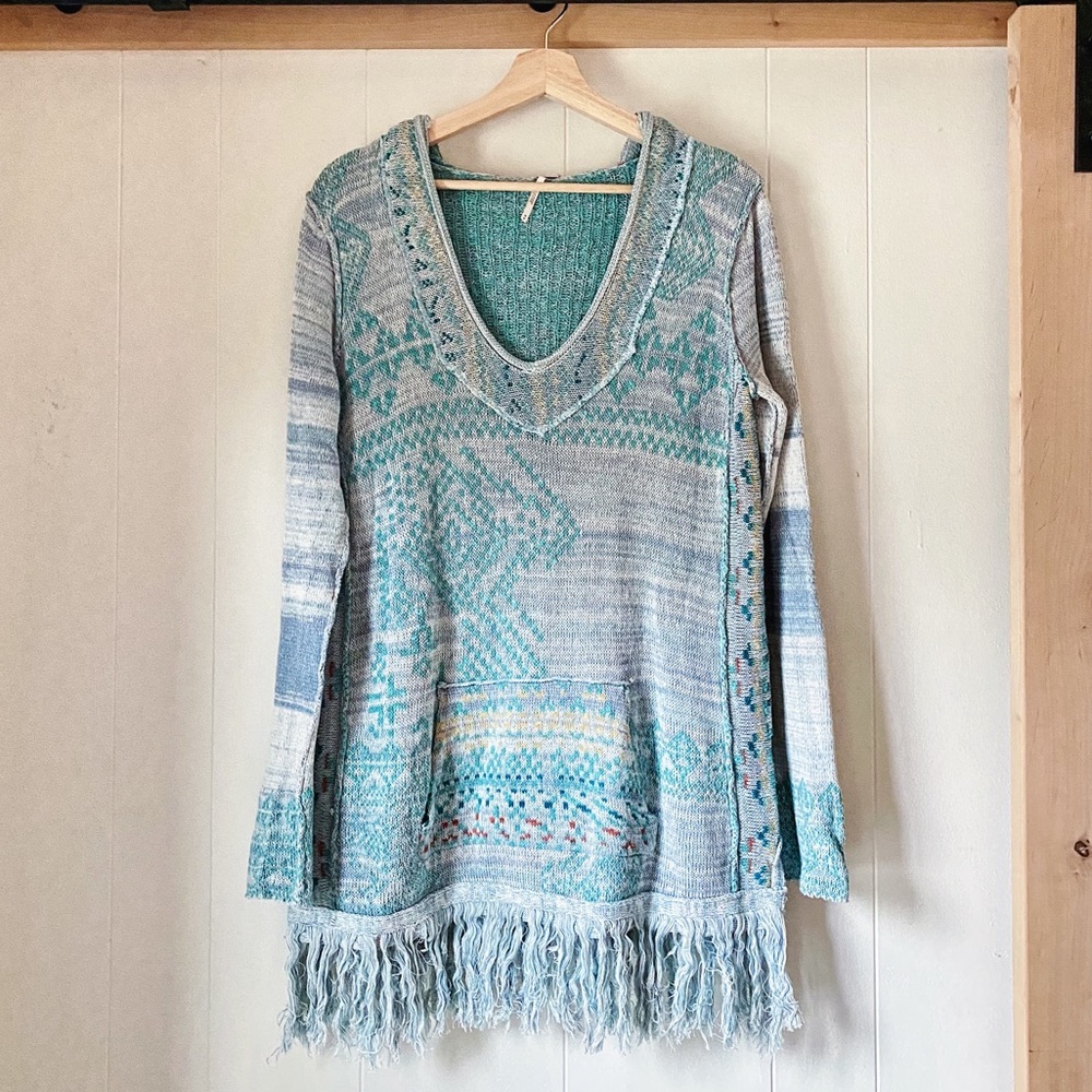 Free People Fringe Multicolor Hooded Poncho